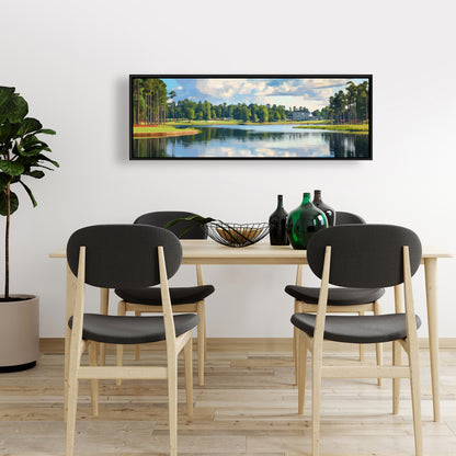Golf Lake Illustrative Blue Trees Framed Canvas | Home Decor