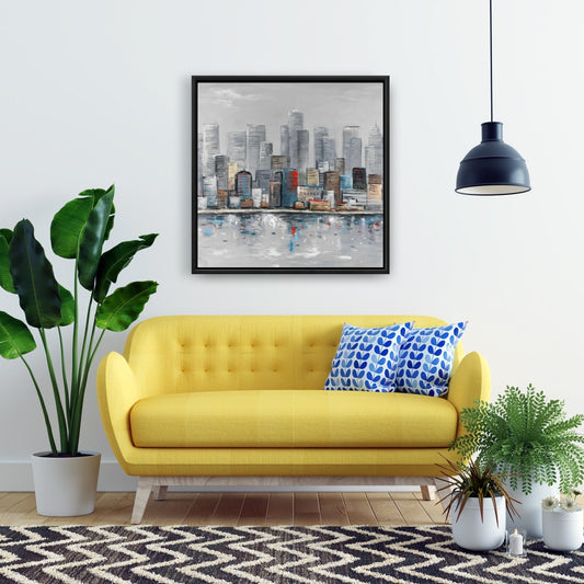Toile abstraite avec horizon urbain pour chambre à coucher bleue | Décoration d'intérieur