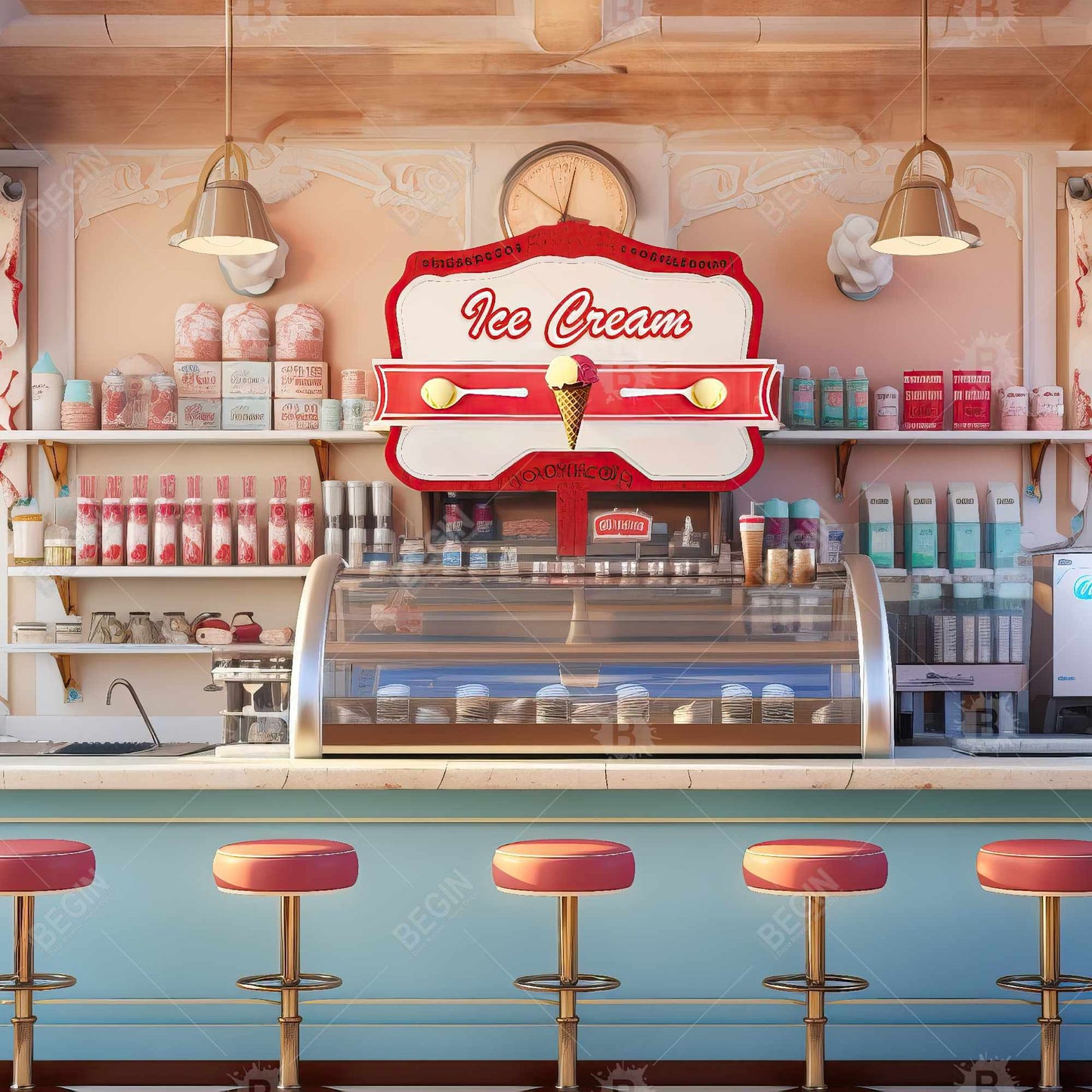Ice Cream Parlor Canvas | White Framed Wall Art for Bedroom