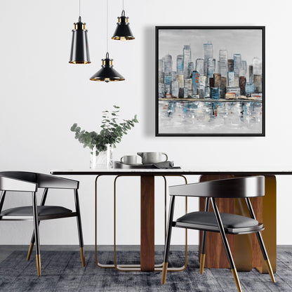 Horizon urbain abstrait | Toile encadrée bleue pour décoration intérieure