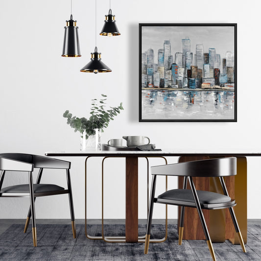 Horizon urbain abstrait | Toile encadrée bleue pour décoration intérieure