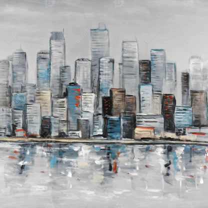 Toile bleue contemporaine - Décoration artistique abstraite représentant un horizon urbain