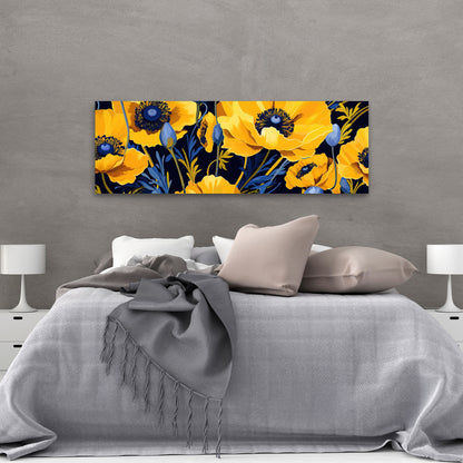 Toile jaune et bleue pour chambre à coucher | Décoration murale florale et botanique