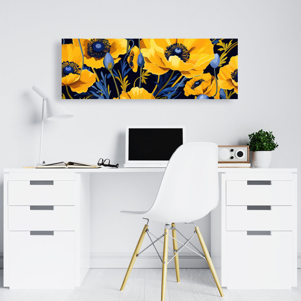 Toile jaune et bleue pour chambre à coucher | Décoration murale florale et botanique