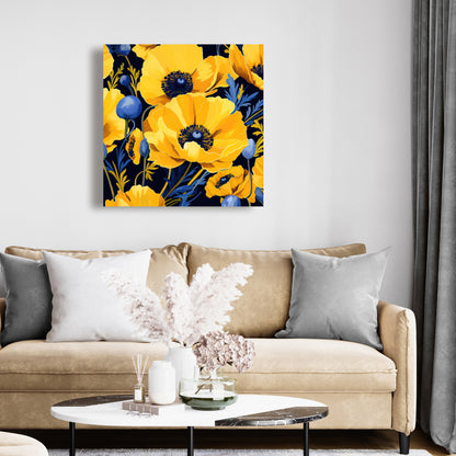 Toile jaune et bleue pour chambre à coucher | Décoration murale florale et botanique