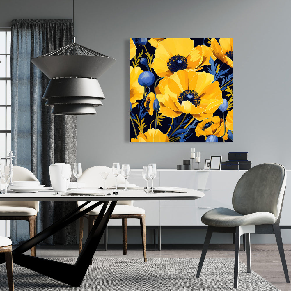 Toile jaune et bleue pour chambre à coucher | Décoration murale florale et botanique