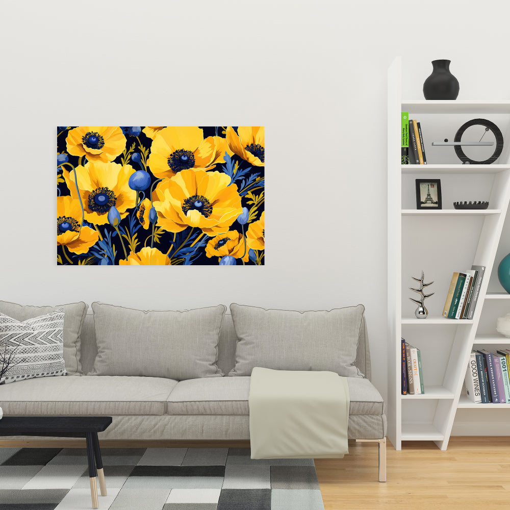 Toile jaune et bleue pour chambre à coucher | Décoration murale florale et botanique