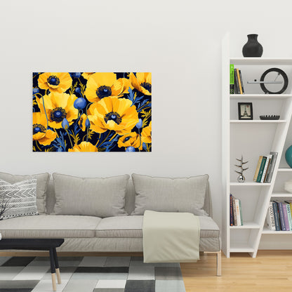 Toile jaune et bleue pour chambre à coucher | Décoration murale florale et botanique