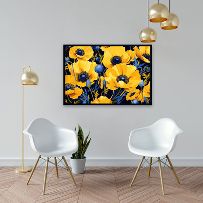 Toile botanique minimaliste bleue - Décoration d'intérieur jaune et bleue
