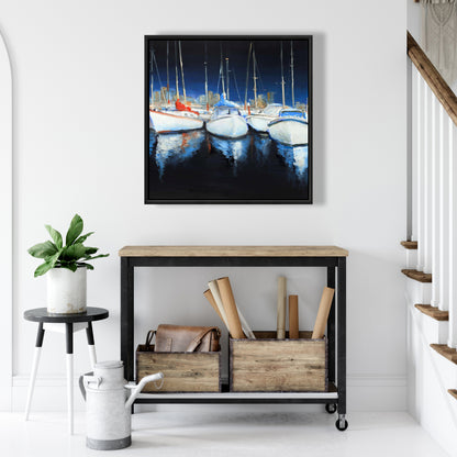 Blue Coastal Bedroom Canvas | Evening at the Marina Framed Art