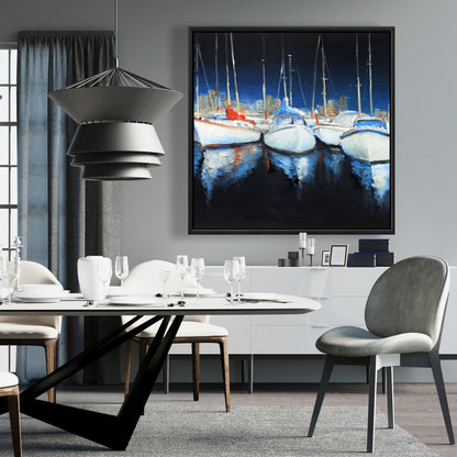 Blue Coastal Bedroom Canvas | Evening at the Marina Framed Art