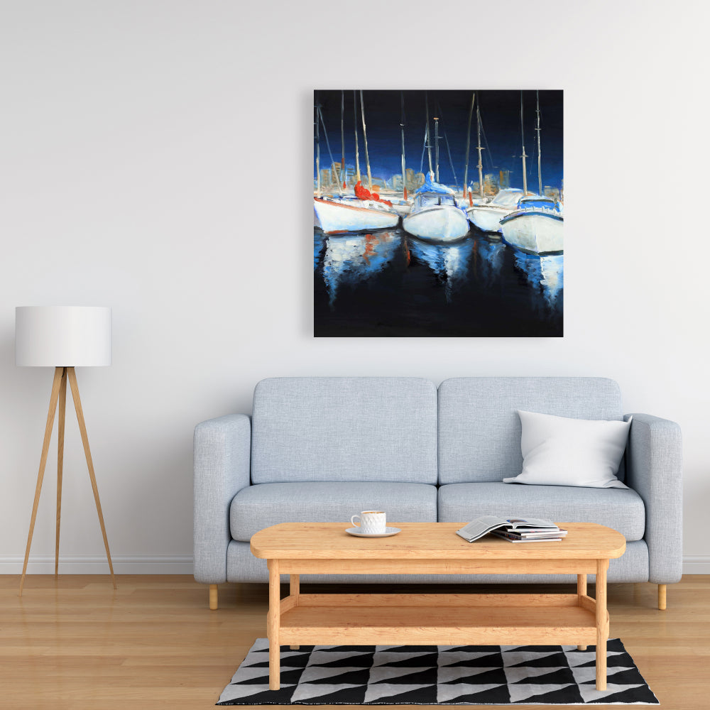 Soirée à la marina | Décoration d'intérieur sur toile représentant un bateau bleu