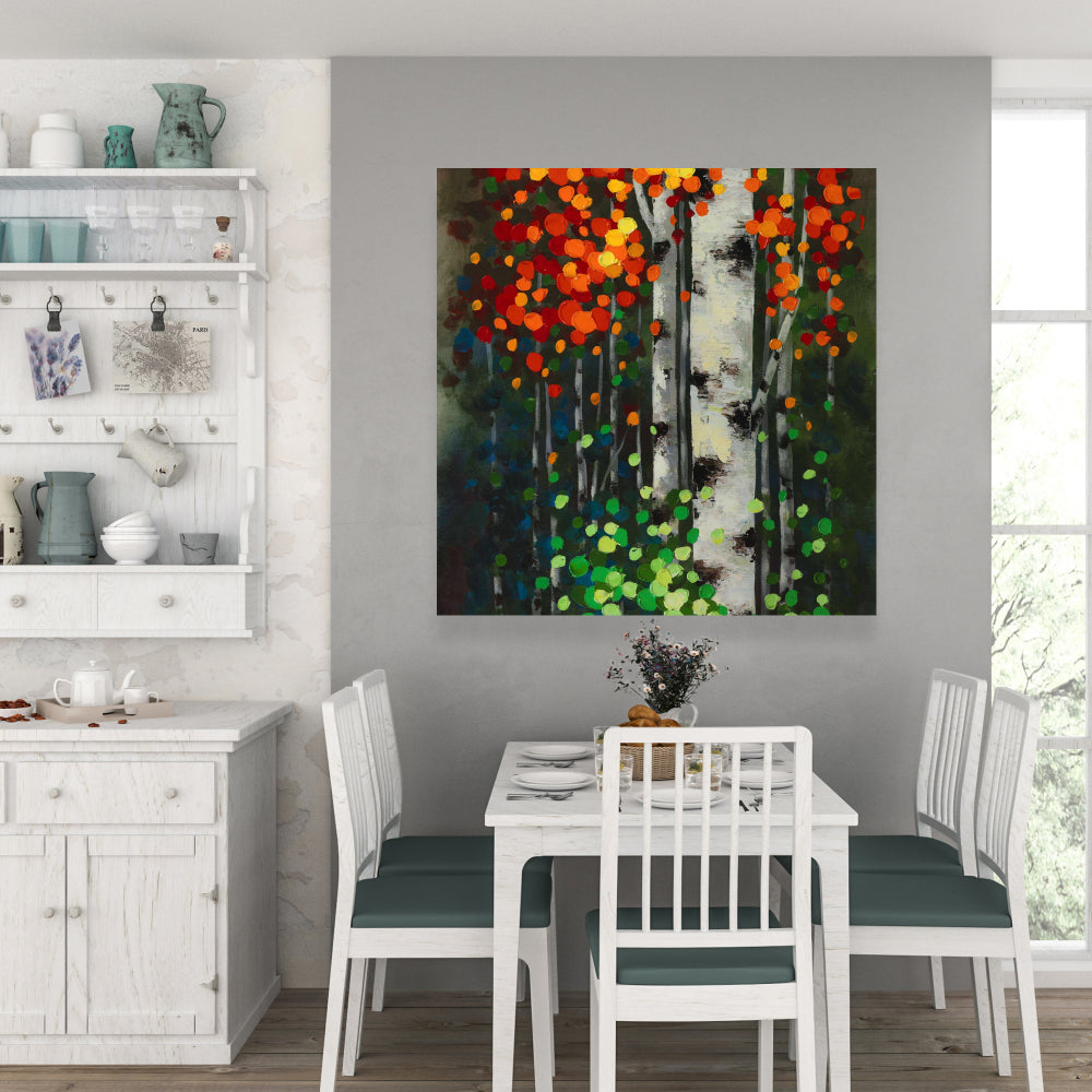 Birch with Two-Tone Leaves Canvas - Green Bedroom Wall Art