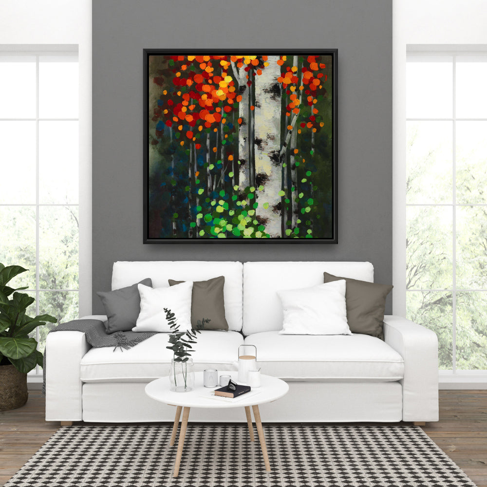 Birch Two-Tone Leaves | Green Framed Canvas for Home Decor