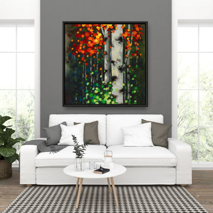 Birch Two-Tone Leaves | Green Framed Canvas for Home Decor