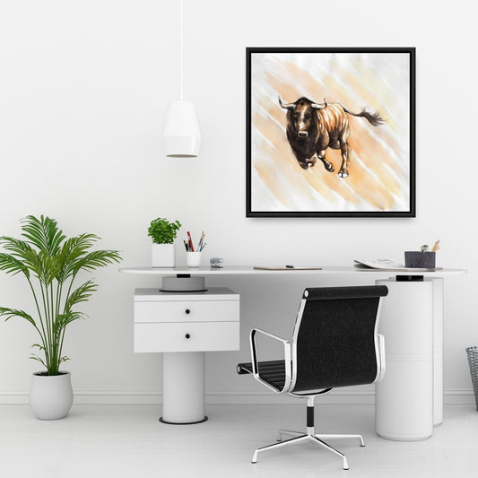 Toile aquarelle représentant un taureau courant | Décoration rustique avec animaux de la ferme