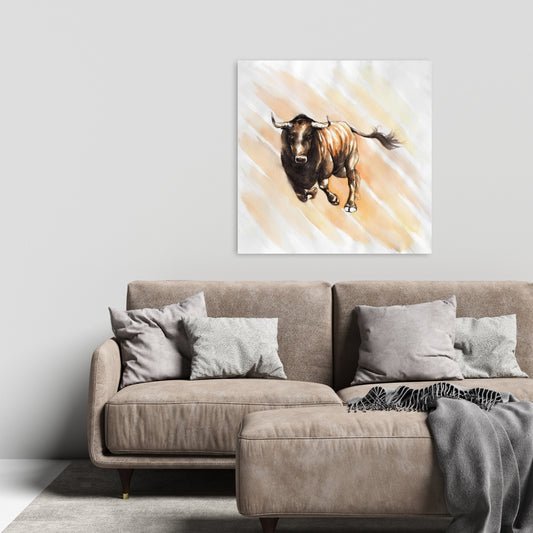 Bull Running Watercolor Canvas - Farm Animals Home Decor
