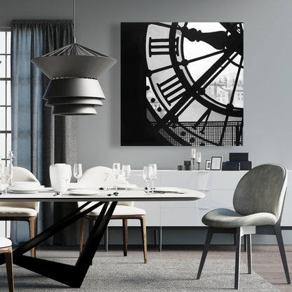 Clock at the Orsay Museum Canvas - White Monochrome Decor