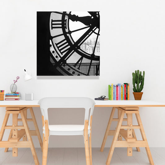 Clock at the Orsay Museum Canvas - White Monochrome Decor