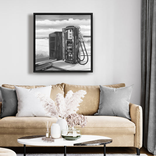 Toile « Pompe à essence ancienne » – Cadre blanc | Décoration murale de chambre