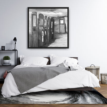 Toile « Pompes à essence anciennes » | Décoration murale monochrome blanche encadrée