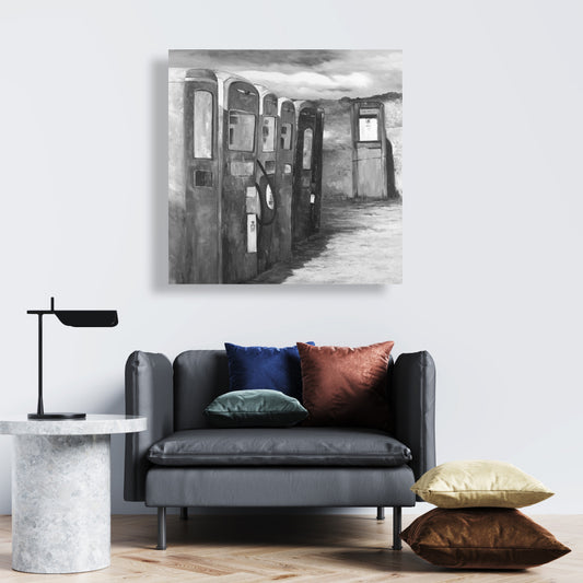 Monochrome Still Life White Canvas - Old Gas Pumps Decor