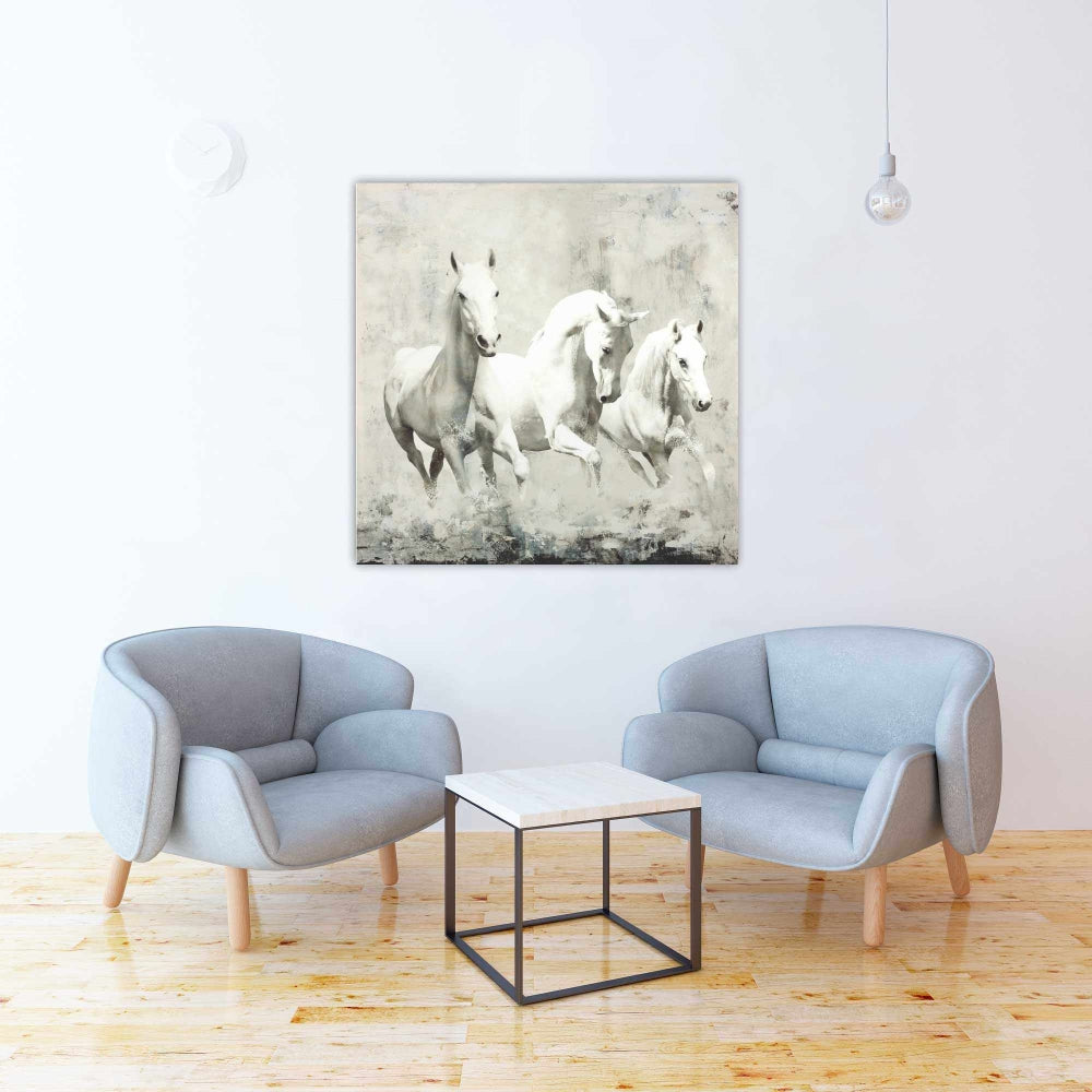 Three White Horses Running Canvas | Western Home Decor Art