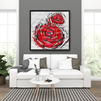 Toile botanique grise pour chambre à coucher | Décor abstrait de roses rouges