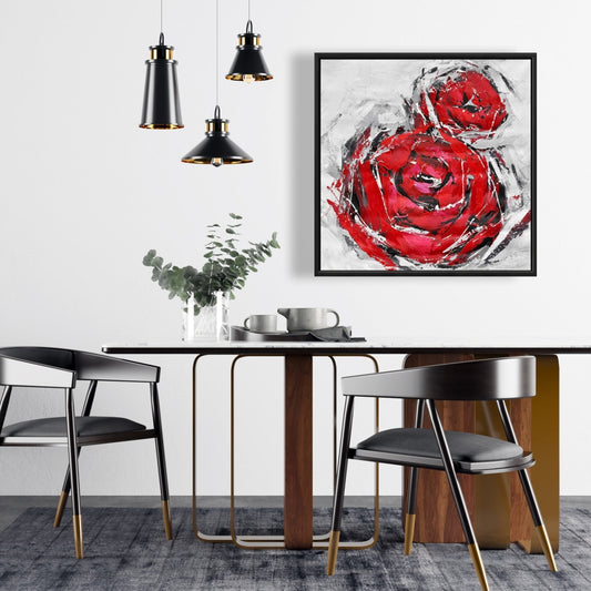 Toile botanique grise pour chambre à coucher | Décor abstrait de roses rouges