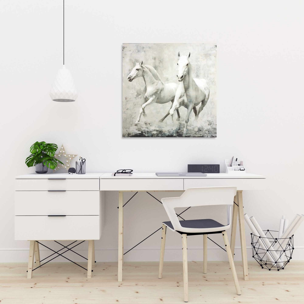 Two White Horse Running Canvas | Western Home Decor Art