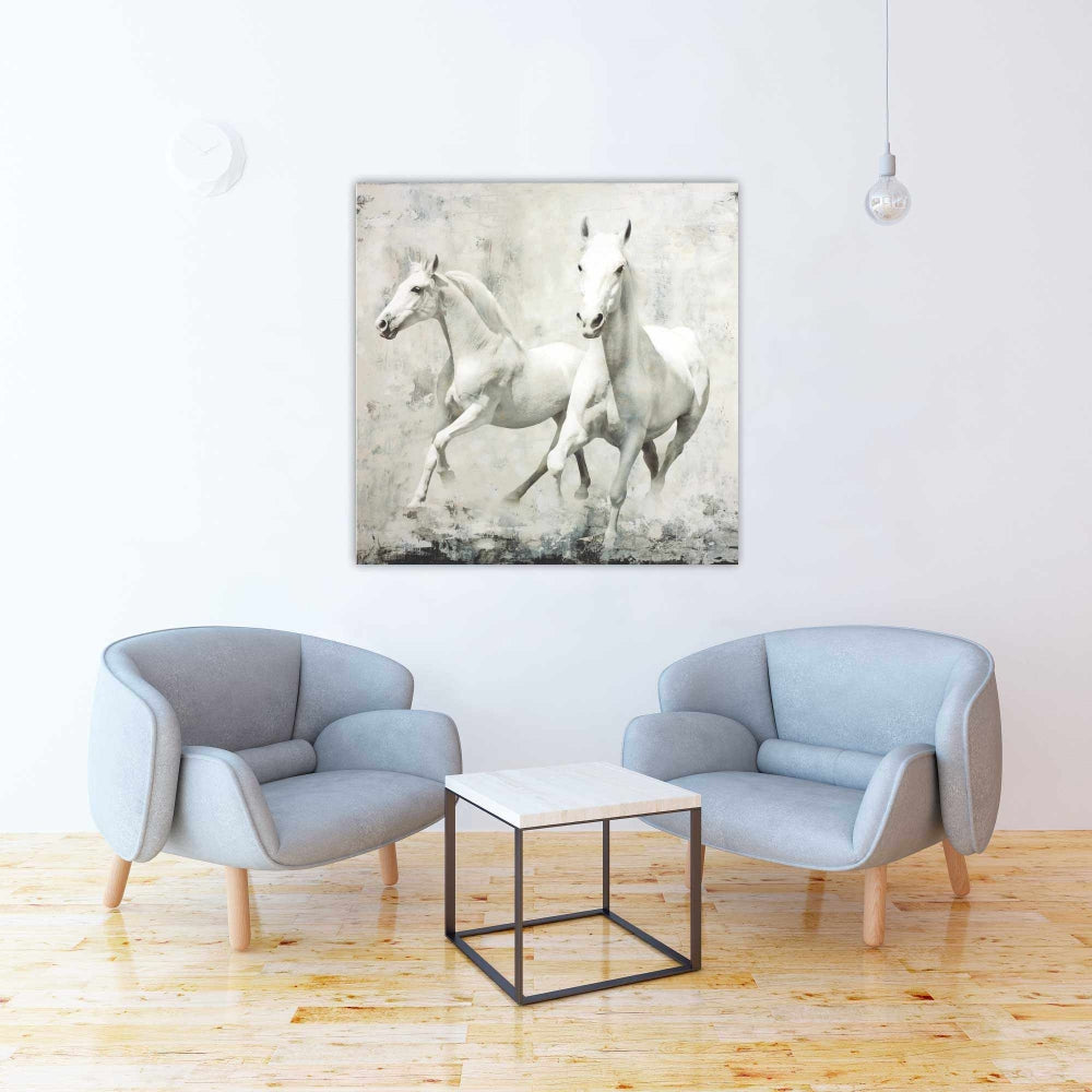 Two White Horse Running Canvas | Western Home Decor Art