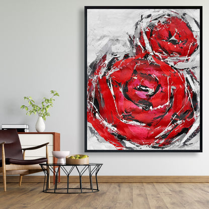 Toile botanique grise pour chambre à coucher | Décor abstrait de roses rouges