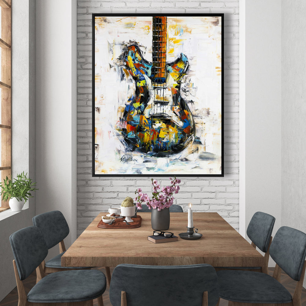 Toile abstraite colorée représentant une guitare - Décoration de salon bleu