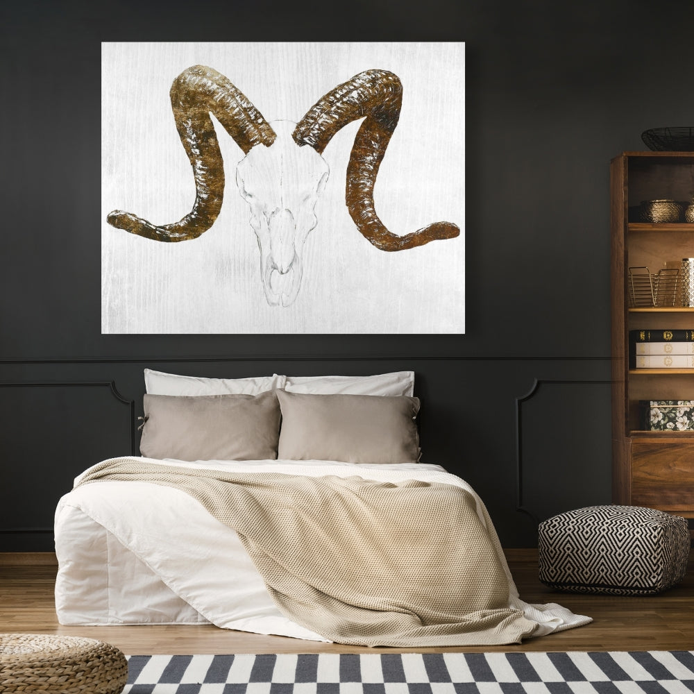 Aeries Skull Canvas | Farm Animal Decor | Brown Horns Art