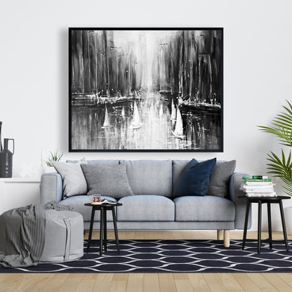 Bateaux en nuances de gris sur l'eau | Décoration de chambre monochrome sur toile