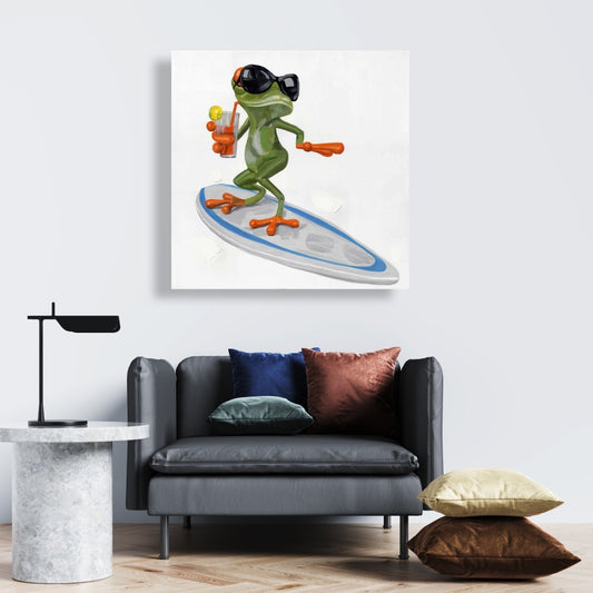 Funny Frog Surfing Canvas | Green Animal Art for Home Decor