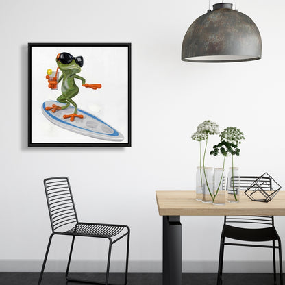 Funny Frog Surfing Canvas | Green Frame Home Decor Art