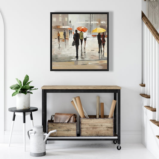 Passants abstraits avec parapluies | Décoration de chambre marron sur toile