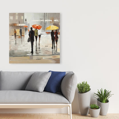 Contemporary Brown Canvas - Abstract Passersby with Umbrellas