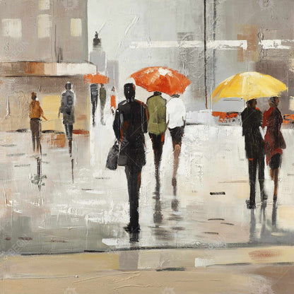 Contemporary Brown Canvas - Abstract Passersby with Umbrellas