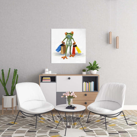 Funny Frog with Shopping Bags | Blue Canvas | Home Decor Art