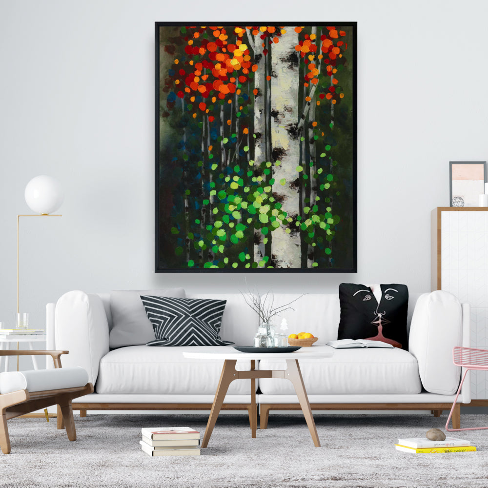 Birch Two-Tone Leaves | Green Framed Canvas for Home Decor