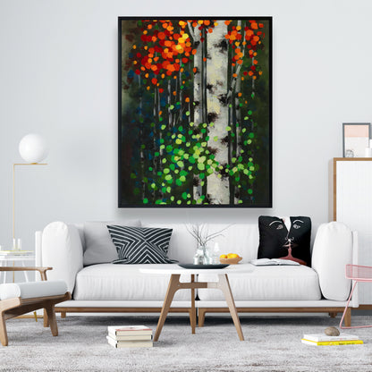 Birch Two-Tone Leaves | Green Framed Canvas for Home Decor