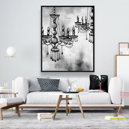 Deux lustres en cristal monochromes sur toile encadrée blanche