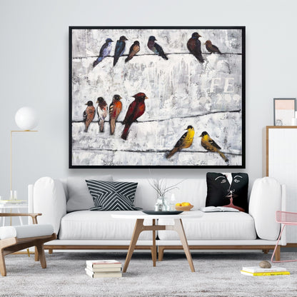 Toile contemporaine bleue - Décor d'oiseaux colorés sur des branches