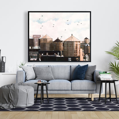 Water Towers | Blue Framed Canvas for Bedroom Decor