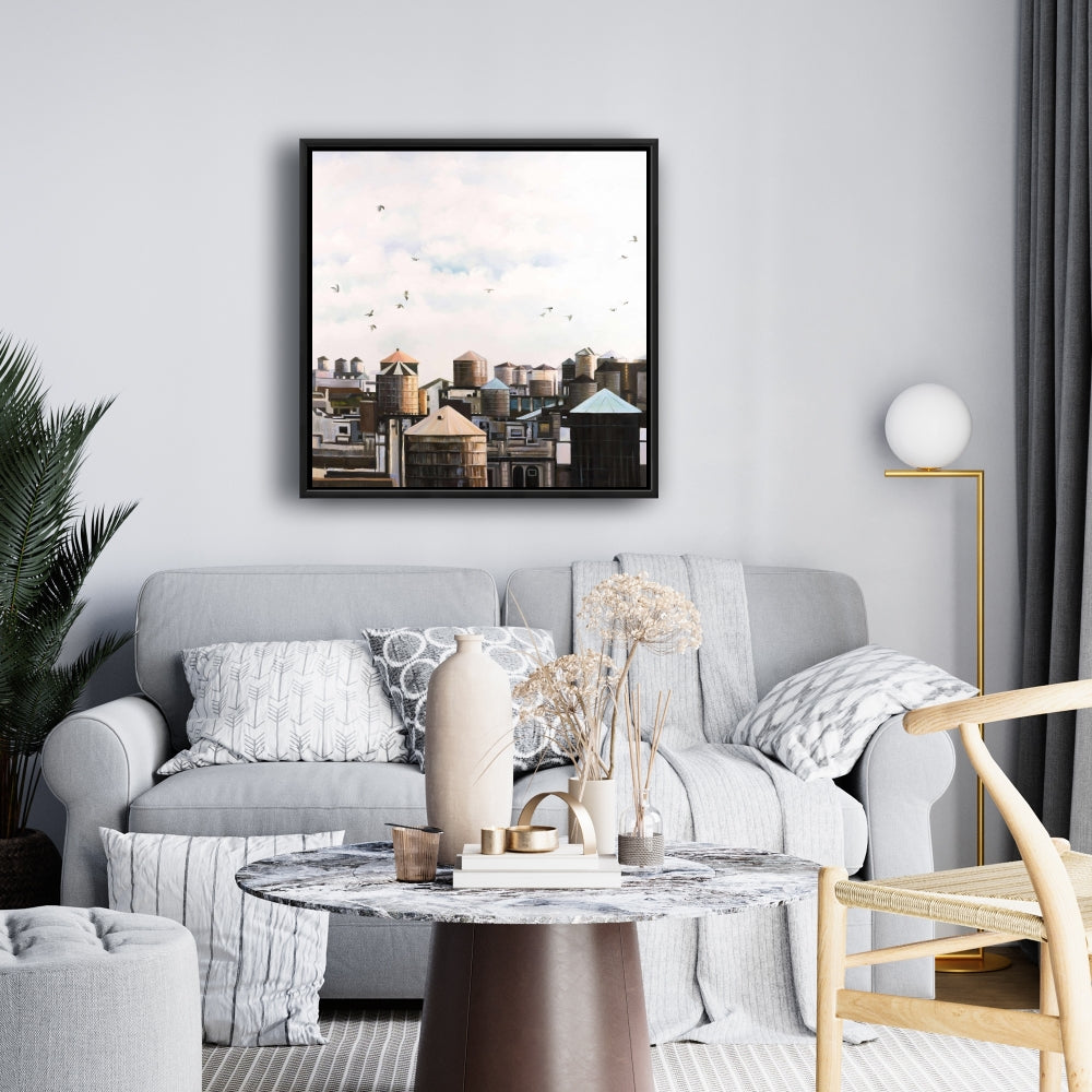 Toile encadrée bleue – Châteaux d'eau et oiseaux | Décoration d'intérieur
