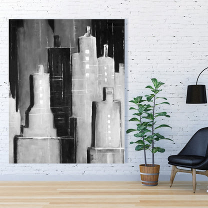 Toile abstraite en noir et blanc représentant un paysage urbain - Décoration murale pour chambre