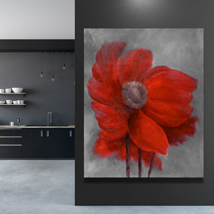 Gray Botanical Canvas - Red Flower in the Wind | Home Decor