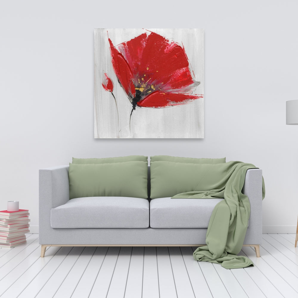 Two Red Flowers Gray Canvas | Floral Botanical Bedroom Decor